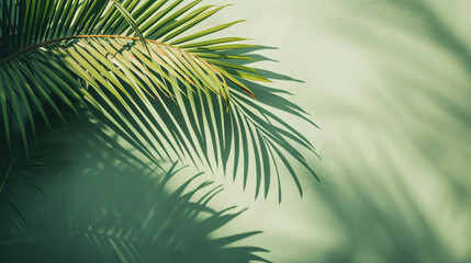 Palm leaf shadow on a green wall background