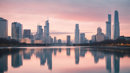 A modern city skyline at twilight, featuring distorted reflections of office towers and streetlights against a pastel sky, rendered in soft hues to create a tranquil and romantic urban scene.
