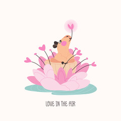Cute lovely capybara sitting inside lotus flower. St. valentines day card romance illustration