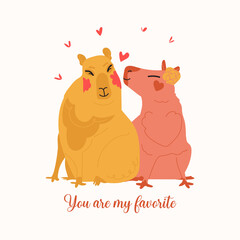 Valentine Day card with cute lovely capybara couple. Romance kiss vector animal illustration