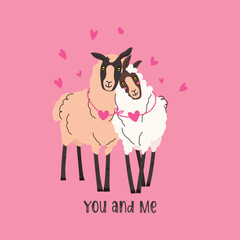 Two Sheep wearing pink heart ribbon. Happy valentines card. Cartoon drawing vector animal illustration on pink background