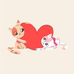 Cute two cat with big red hearts. Happy valentines day vector illustration isolated on beige background. Lovely kitty character