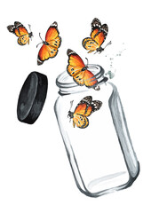 Butterflies fly out of a glass jar. The concept of liberation, freedom, moving forward, change. Hand drawn watercolor illustration isolated on white background