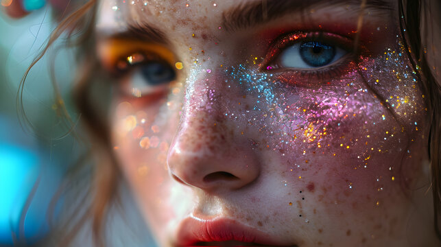The close-up portrayal, red-haired girl, graced with freckles, with makeup that includes a tasteful application of glitter. Generative AI