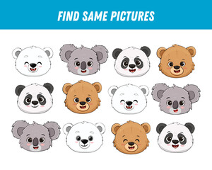 Obraz na płótnie Canvas Find the same bears. Logical game for kids. Cartoon bear faces. Koala, teddy bear,panda,polar bear 