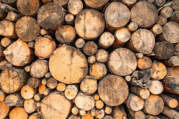Wall made with a pile of chopped logs of different sizes. log pile background