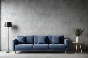 Dark blue sofa with pillows against a concrete gray wall. Scandinavian loft interior design of modern living room in minimalist studio apartment