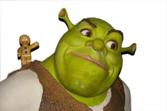 London, - United Kingdom, 08, July 2014. Madame Tussauds in London. Waxwork statue of Shrek. Created by Madam Tussauds in 1884, Madam Tussauds is a waxwork museum and tourist