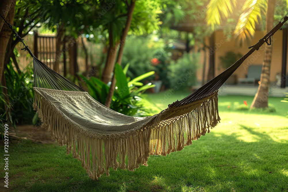 Wall mural a hammock strung up in a serene backyard - symbolizing relaxation and the joy of a lazy afternoon - 