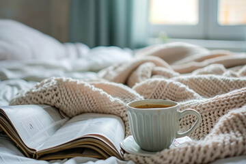 A lazy weekend morning scene featuring a slow breakfast in bed - complete with reading newspapers and savoring comfort and leisure - providing a serene start to the day.