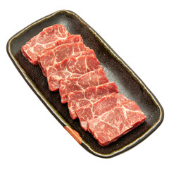 Premium Rare Slices Wagyu beef with high-marbled texture on plate, Transparent background