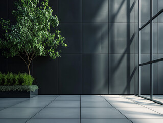 A modern monochrome room with a panoramic view from the window, illuminated in shades of black and gray, with a side composition of lush green office plants for a modern product presentation or video