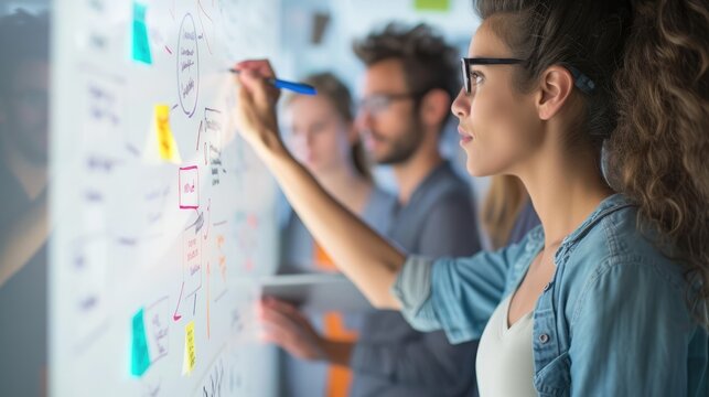 Creative Minds at Work: Team Collaborating on a Whiteboard, Mapping Solutions for a Complex Problem in a Dynamic Brainstorming Session Filled with Diagrams and Flowcharts. Teamwork and problem-solving