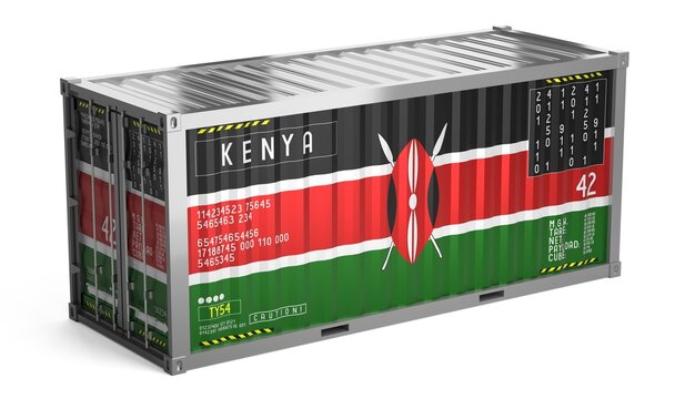 Freight shipping container with national flag of Kenya on white background - 3D illustration