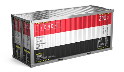 Freight shipping container with national flag of Yemen on white background - 3D illustration