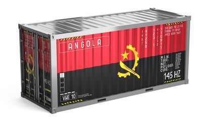 Freight shipping container with national flag of Angola on white background - 3D illustration