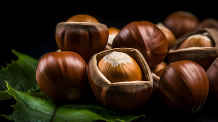 Obraz premium Hazelnuts on a black background. Neural network AI generated