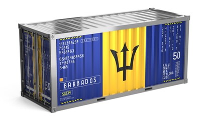 Freight shipping container with national flag of Barbados on white background - 3D illustration