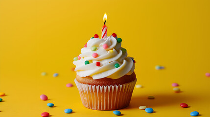 One cupcake with candles for the birthday boy on an isolated yellow background