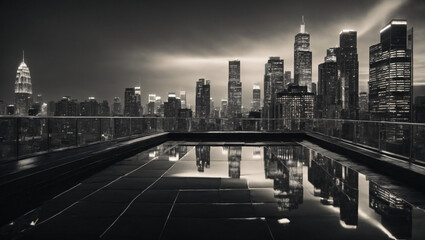 An urban rooftop panorama with abstract reflections of skyscrapers and city lights, portrayed in a monochromatic color scheme to emphasize the sophistication and allure of the cityscape.