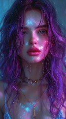Naklejka premium Girl with purple hair and wet face