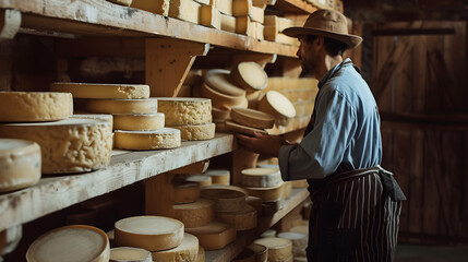 The cheesemaker examines the cheese in the basement of the cheese factory that he has prepared for sale - obrazy, fototapety, plakaty