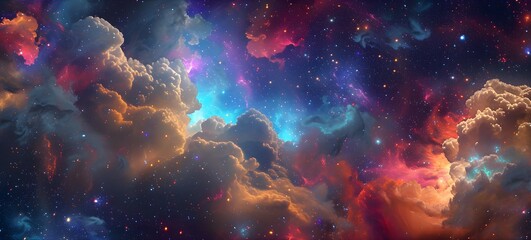 Fototapeta premium Colorful space galaxy cloud nebula with fluid organic forms in light crimson and light azure. This starry night cosmos supernova background wallpaper showcases a realistic fantasy artwork.