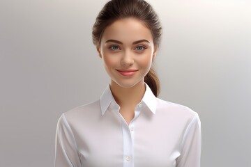 Obraz premium a modern woman dons a crisp white shirt, exuding confidence and warmth with a charming smile against a neutral white canvas. Generative AI.