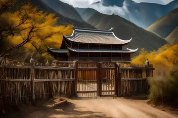 A picturesque portrayal of a wooden gate, weathered by time, leading to a serene ranch with the...