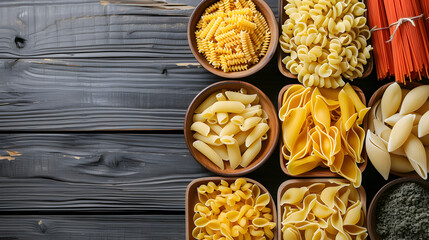 Pasta for cooking in plates on gray wooden background 