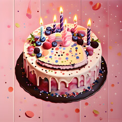 Birthday cakes design. Birthday cake collection with colorful and yummy flavor. Vector illustration party elements collection, Fresh delicious birthday cake on pink background, colorful birthday cake