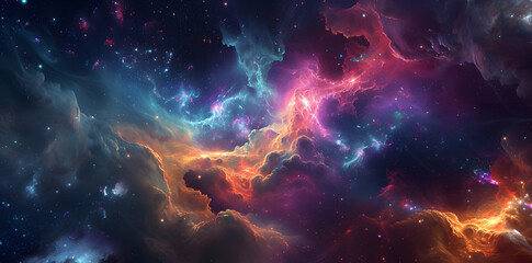 Colorful space galaxy cloud nebula with fluid organic forms in light crimson and light azure. This starry night cosmos supernova background wallpaper showcases a realistic fantasy artwork. - obrazy, fototapety, plakaty