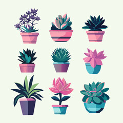 A set of succulents for the home. Fashionable indoor plants for home decor cartoon vector