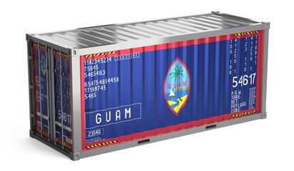 Freight shipping container with national flag of Guam on white background - 3D illustration