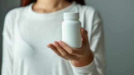 ladies hand white plastic bottle of vitamin supplements