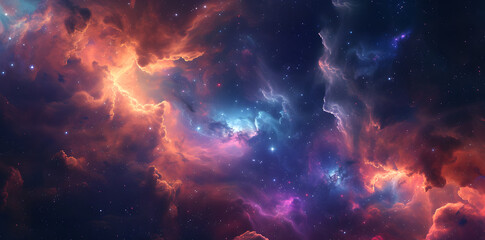 Naklejka premium Colorful space galaxy cloud nebula with fluid organic forms in light crimson and light azure. This starry night cosmos supernova background wallpaper showcases a realistic fantasy artwork.