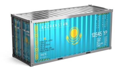 Freight shipping container with national flag of Kazakhstan on white background - 3D illustration
