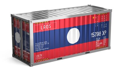 Freight shipping container with national flag of Laos on white background - 3D illustration