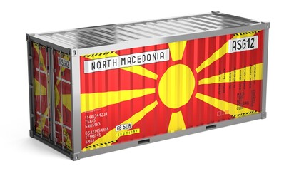 Freight shipping container with national flag of North Macedonia on white background - 3D illustration