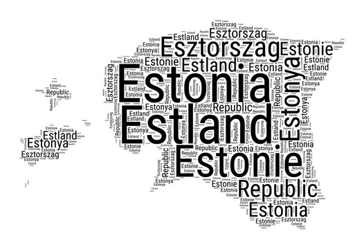 Black and white word cloud in Estonia shape. Simple typography style country illustration. Plain Estonia black text cloud on white background. Vector illustration.