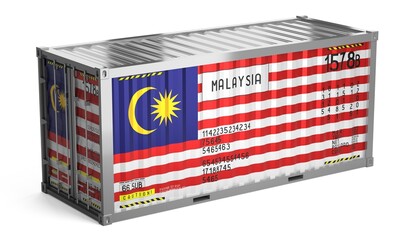 Freight shipping container with national flag of Malaysia on white background - 3D illustration