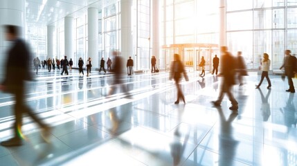 businesspeople walking in the corridor of an business center, pronounced motion blur