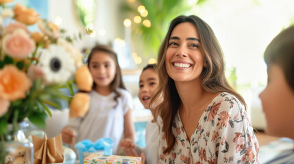 Smiling Latino woman in her 30s with three kids at home candid shot. Happy Mothers Day or birthday celebration