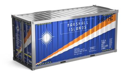 Freight shipping container with national flag of Marshall Islands on white background - 3D illustration