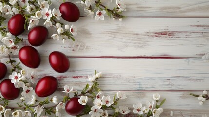 Red handmade Easter eggs. White wooden background with copy space for text