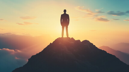 A man standing on top of a mountain as the sun sets. Goals and achievements concept 