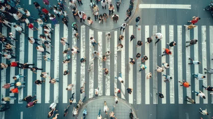 Gordijnen Aerial. Pedestrians on a zebra crosswalk. Top view © YauheniyaA