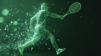 Abstract tennis player in motion with cybernetic particles. Blue triangle thin line mesh spheres. Futuristic technology style. 