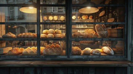 Modern bakery with assortment of bread, cakes and buns  - obrazy, fototapety, plakaty
