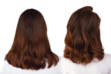 Closeup before after hairstyle straight and wavy curly iron curled caucasian brunette hair back...